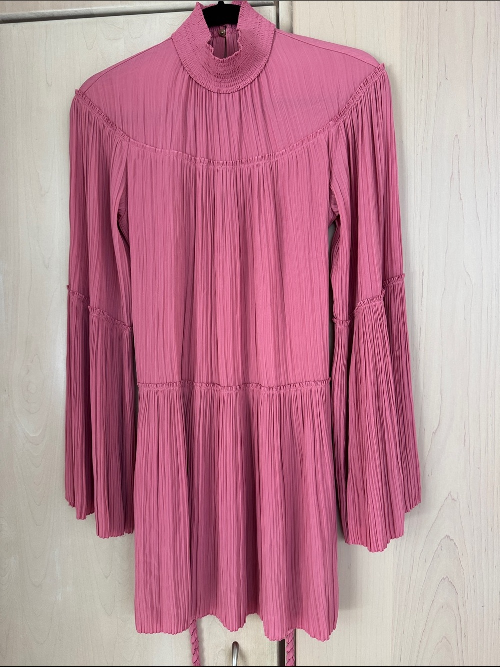 A.L.C. Rose-Pink Pleated High-Neck Long Sleeve Dress
